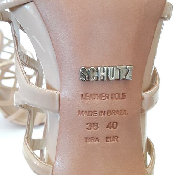 Shutz Juliana Caged Heels Nude Patent Leather Peep Toe Strap Heels 8 Wedding - Picture 12 of 14